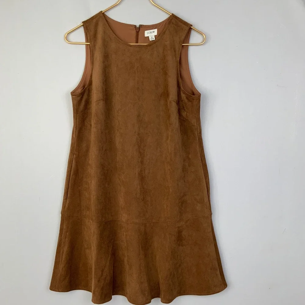 NWT J. Crew Sz 6 Brown Faux Suede Drop Waist Sleeveless Mini Dress Pockets